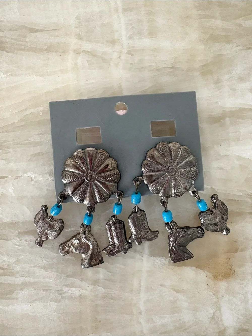 Silver Western Charm Dangle Earrings with Turquoise Beads